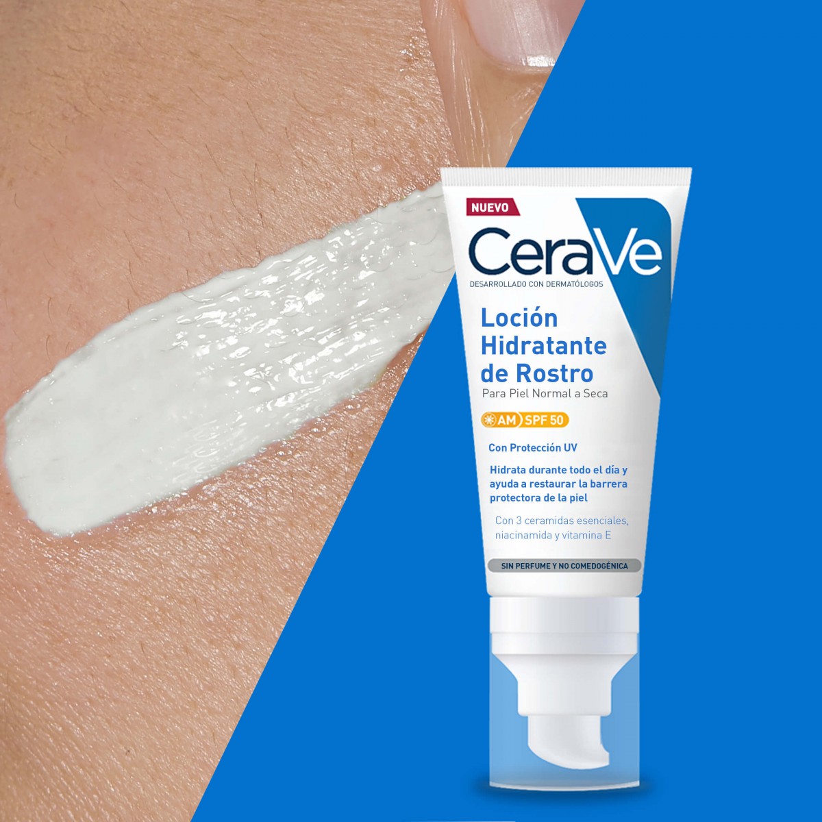 Textura en piel Cerave Loción Hidratante de Rostro SPF 50+ 52mL