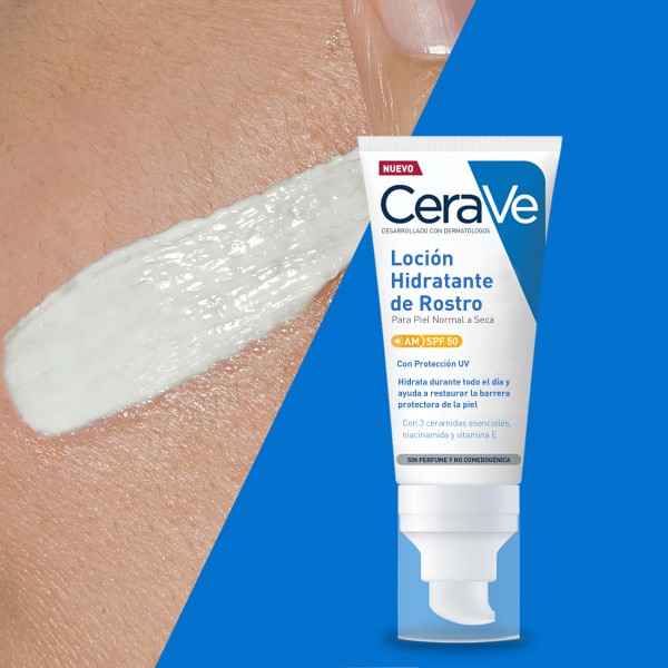 Textura en piel Cerave Loción Hidratante de Rostro SPF 50+ 52mL