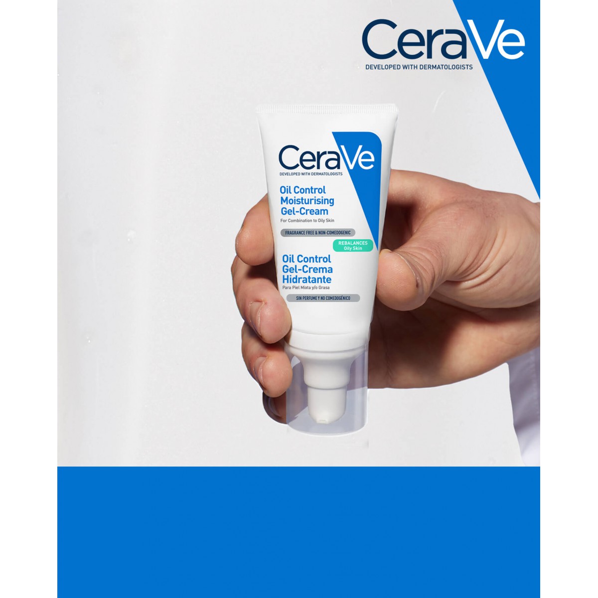 Mano sujetando Cerave Oil Control Gel Crema Hidratante 52mL